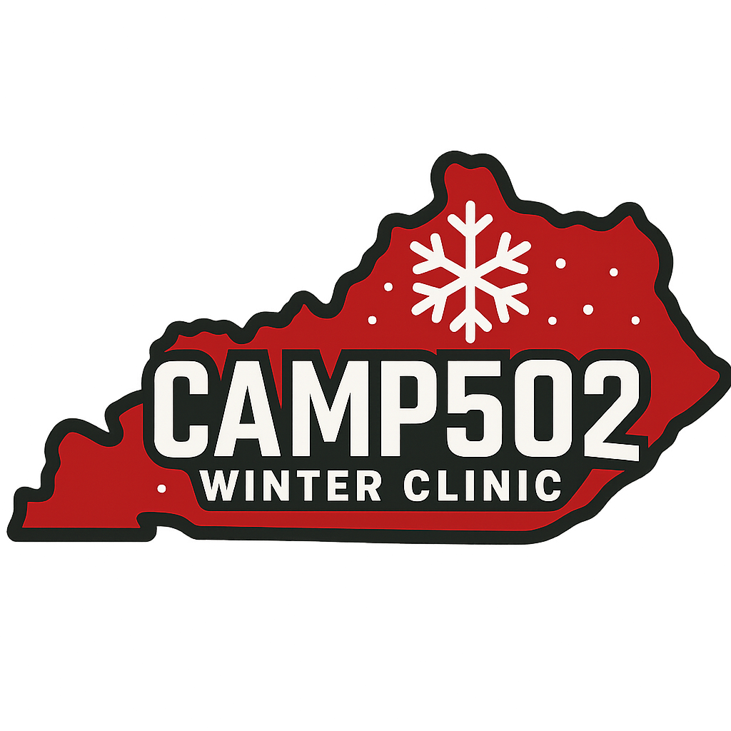 Camp502 Winter Clinic artwork — sporty red, black, and white theme